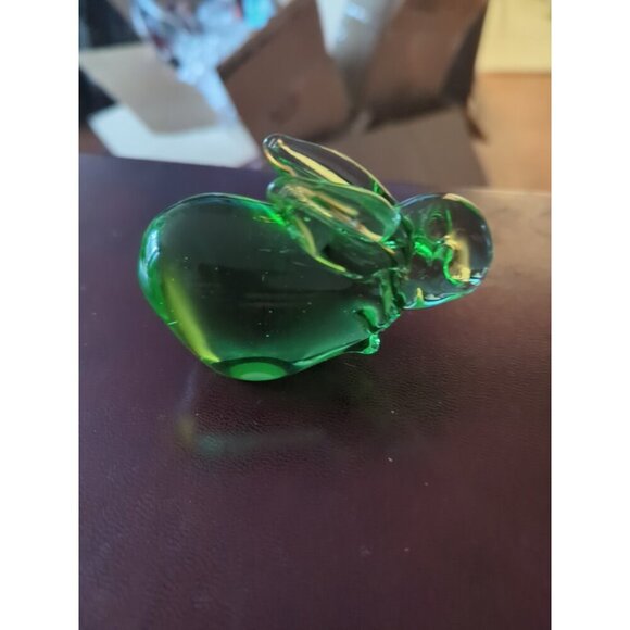 Emerald Green Art Glass Bunny Paperweight Figurine Bubbles Polish Bottom 4” - Picture 8 of 8